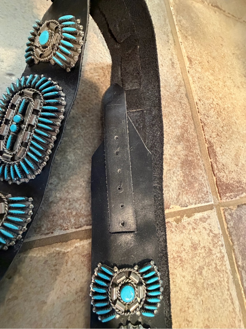 Women’s dark Brown Leather Belt with silver/Turquoise Concho Accents - Picture 3 of 11